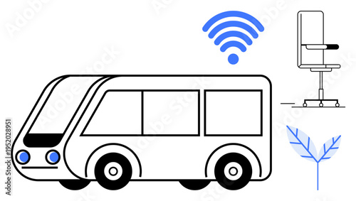 Sustainable transport, autonomous driving, smart cities, internet connectivity, public transportation, eco-friendly technology. Autonomous bus with wireless icon, modern seat, and eco leaf