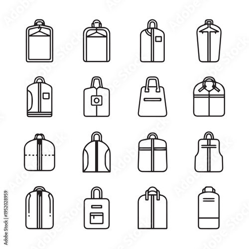 Collection of garment bags and duffel bags flat icons line art isolated on white