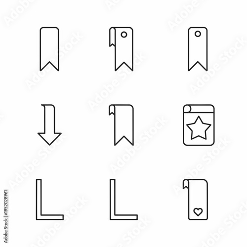 Collection of nine simple line art icons representing bookmarks and related symbols.