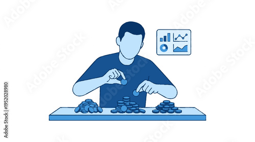 Businessman allocating resources stacking coins on table with graphs in background symbolizing financial planning and strategy