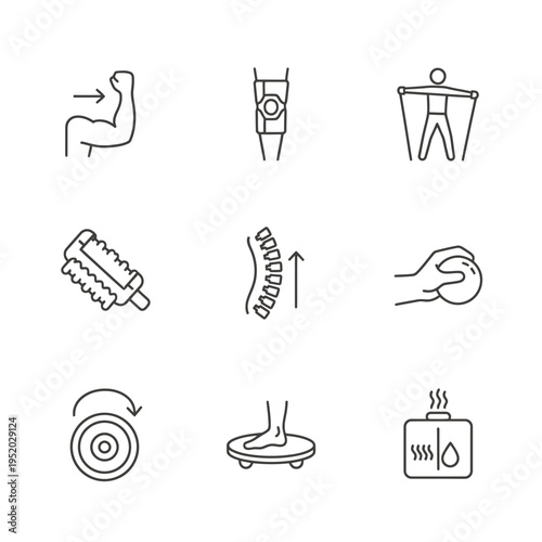 Collection of physiotherapy and rehabilitation icons representing exercises and equipment.