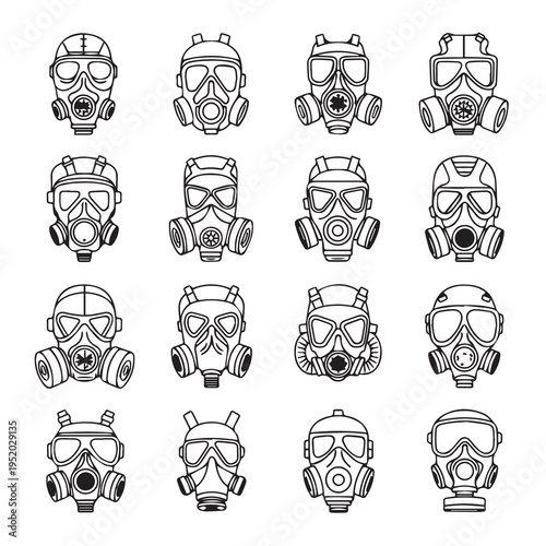 Collection of Gas Masks and Respirators in Line Art Style