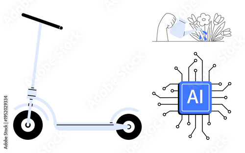 Sustainable mobility, technology innovation, AI-driven solutions, environmental care, futuristic technology, alternative energy. Electric scooter, AI chip plant watering hand. Sustainable mobility