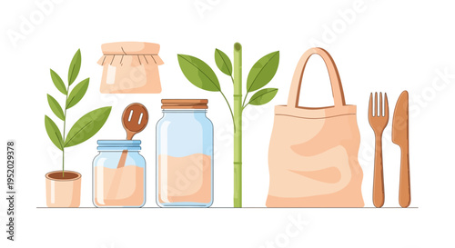 Eco friendly sustainable living concept illustration with zero waste lifestyle elements, including reusable bag, glass jars, and plants on white background