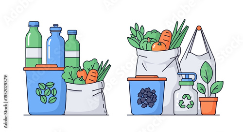 Eco-friendly sustainable living concept illustration of zero waste lifestyle with reusable bags and containers for healthy food and recycling