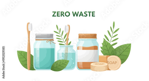 Eco friendly zero waste lifestyle concept illustration featuring sustainable products and healthy food in a kitchen setting with natural elements