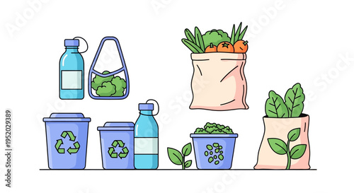 Eco-friendly illustration of sustainable living concept with recycling bins, reusable bags and bottles, and plants, promoting zero waste lifestyle