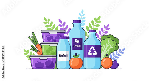 Illustration of eco-friendly products and fresh produce for a sustainable living concept on International Day of Zero Waste