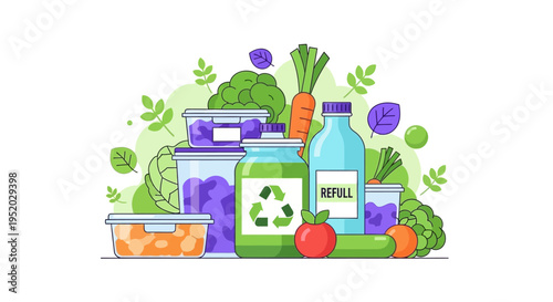 Eco-friendly products and fresh produce arranged with recycling symbols for a sustainable living concept illustration