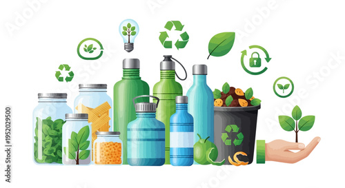 Illustration of eco friendly products and zero waste lifestyle concept with sustainable living icons and a hand holding a plant on a white background