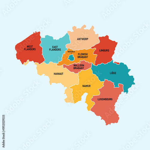 Belgium provinces map with names and colors. Clear political map for infographic and presentation use.