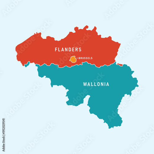 Belgium regions map with names including Flanders, Wallonia and Brussels. Simple infographic design.