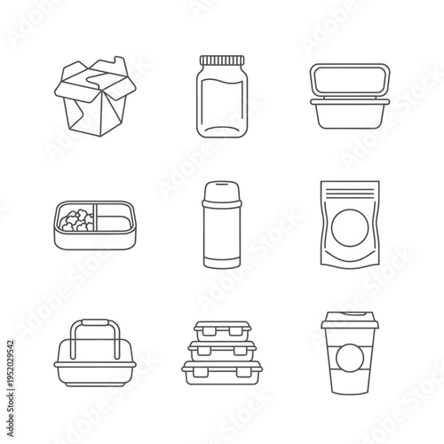 Collection of various food and drink containers in outline style.