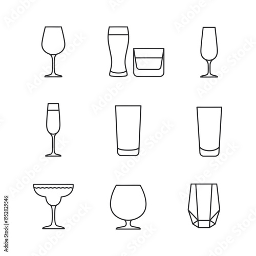 Collection of Various Glassware Icons for Drinks.