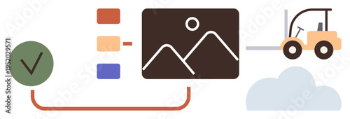 Logistics, supply chain, project management, process automation, data visualization, cloud storage. Forklift, checklist cloud and image icons linked. Logistics and supply chain visualization