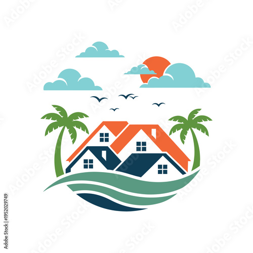 Beach house resort logo with palm trees clouds and birds vector illustration of tropical real estate coastal property rental for vacation stays and seaside living development projects online