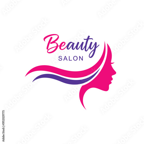 Beauty salon logo with a stylish woman's profile and flowing hair in vibrant pink and purple colors elegant and modern fashion branding concept