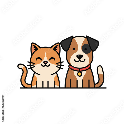 Cute cat and dog illustration showing happy domestic pets sitting together for veterinary clinic grooming services animal shelter adoption campaign pet shop branding and childhood education art
