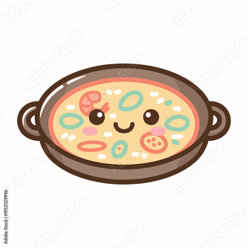 Cute Kawaii Paella Dish with Happy Face Illustration.