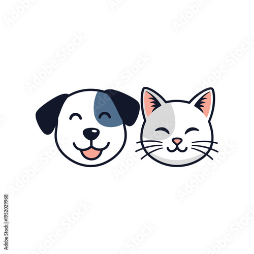 Cute dog and cat faces together vector illustration of happy smiling pets for veterinary clinic animal shelter grooming salon and pet care service branding identity projects and stickers