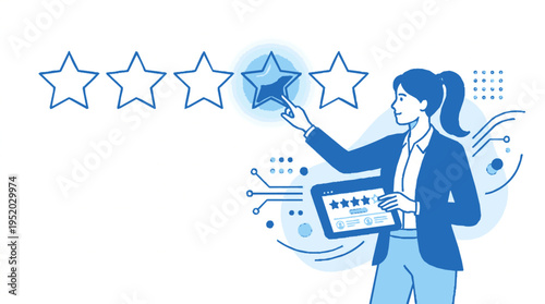 Businesswoman giving feedback with glowing star ratings and digital tablet in hand