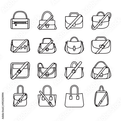 Collection of Handbag Icons Various Styles Isolated on White Background