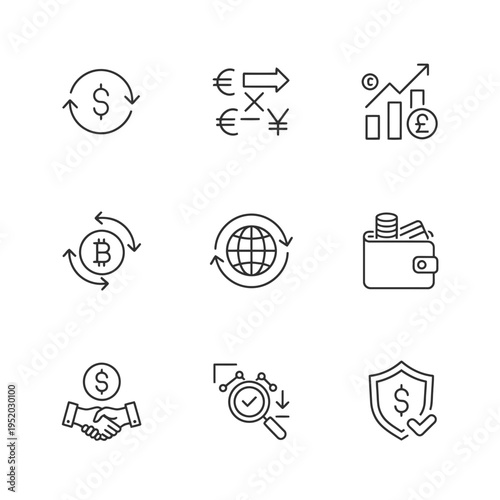 Financial Icons Set Representing Global Transactions and Security.