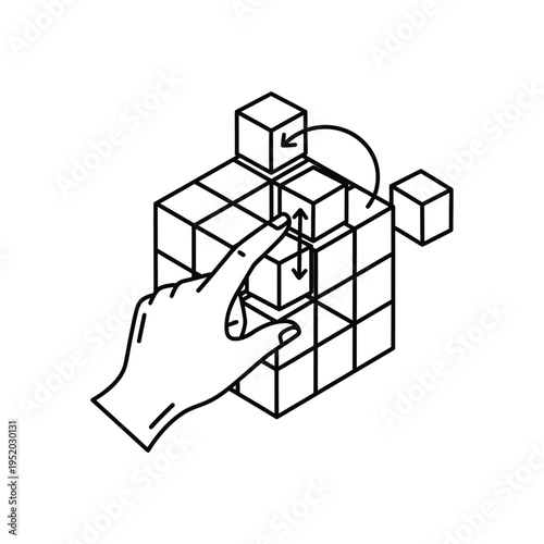 Hand solving puzzle, assembling 3d cube blocks, problem solving logic concept, strategy and solution finding vector illustration