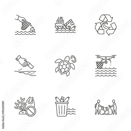 Ocean pollution and cleanup icons set.