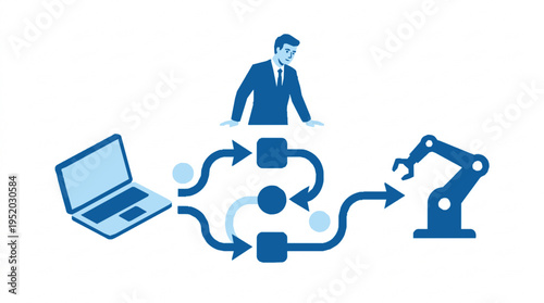 Businessman oversees workflow automation process with laptop and robotic arm