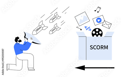 DDOS attacks. Depiction of distributed denial-of-service threats targeting SCORM content. DDOS challenges digital security and SCORM within e-learning systems. For cybersecurity, e-learning, tech