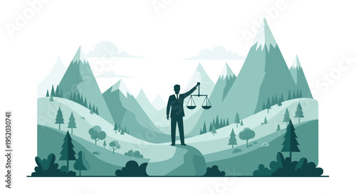 A silhouetted man in a suit holds balanced scales in a layered, stylized green and blue mountainous landscape.
