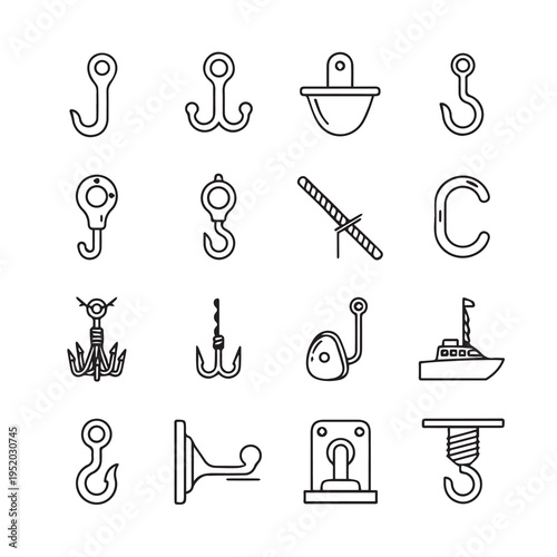 Collection of Hook Icons and Nautical Elements in Outline Style