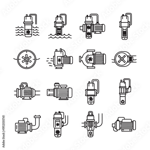 Collection of Water Pump Icons Various Styles and Applications Line Art