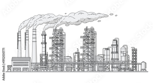 An intricate line art illustration showcases a vast industrial refinery complex with multiple smokestacks emitting grey plumes.