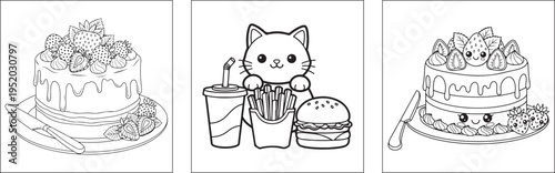 Cake with strawberries and whipped cream kawaii coloring page