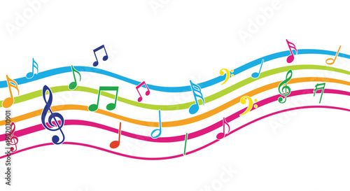 Numerous brightly colored musical notes and symbols float above five distinct wavy horizontal lines in vibrant hues on a white background.