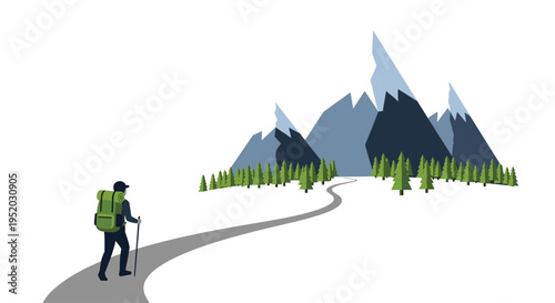 A single hiker with a green backpack walks on a winding grey path towards abstract blue mountains on a white snowy landscape.