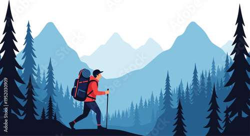 A single hiker in red and blue gear with a backpack and pole walks uphill on a path with layered blue mountains and dense pine trees.