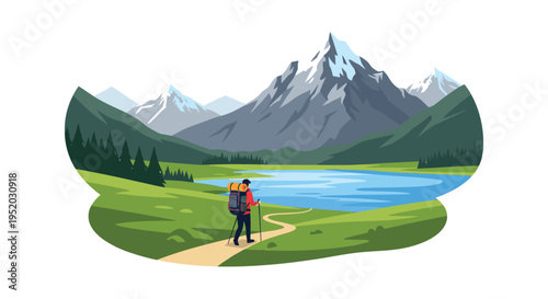 A lone hiker with a backpack walks on a winding path towards a blue lake, surrounded by green hills and snow-capped mountains.