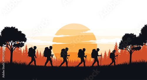 Seven silhouetted hikers with backpacks and poles walk across a grassy foreground with a large orange sunset and dense forest behind them.