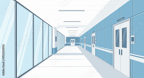 A clean, light blue and white hospital corridor with a long wall of glass panels and several white doors extends into the distance.