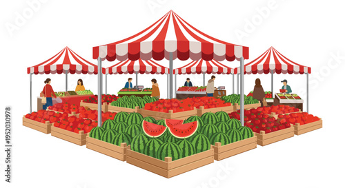 A bustling outdoor market with multiple red and white striped tents features numerous vendors and customers among large displays of fresh produce.
