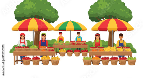 An outdoor farmers' market illustration shows six vendors, three men and three women, under colorful striped umbrellas selling fruits and vegetables.