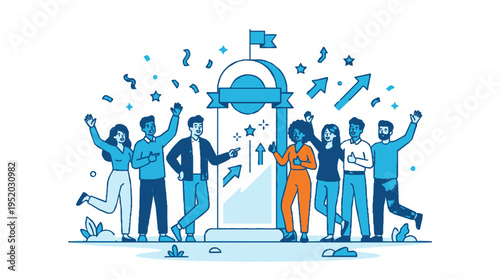 Diverse team celebrating milestone achievement with colorful confetti and arrows