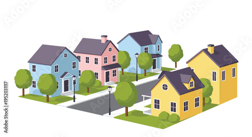 An isometric illustration showcases a vibrant suburban street with six colorful houses, numerous green trees, and streetlights lining the dark grey asphalt road.