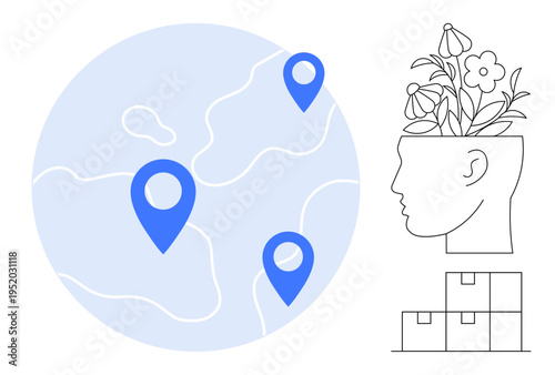 Blue geolocation markers on a globe, side profile of a head with flowers symbolizing creativity, and storage boxes. Ideal for global thinking, innovation, logistics, organization, mindfulness, mental