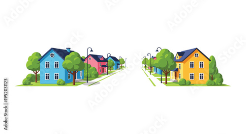 A charming flat design vector illustration portrays a colorful suburban street receding into the distance, lined on both sides by distinct houses, lush green trees, and streetlights.