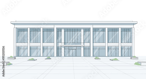 A minimalist flat design vector illustration presents a modern, symmetrical building with an expansive facade of numerous large glass windows, surrounded by a paved plaza with small green bushes.