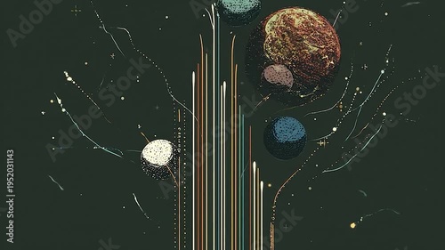 Abstract celestial bodies and light streaks in deep space